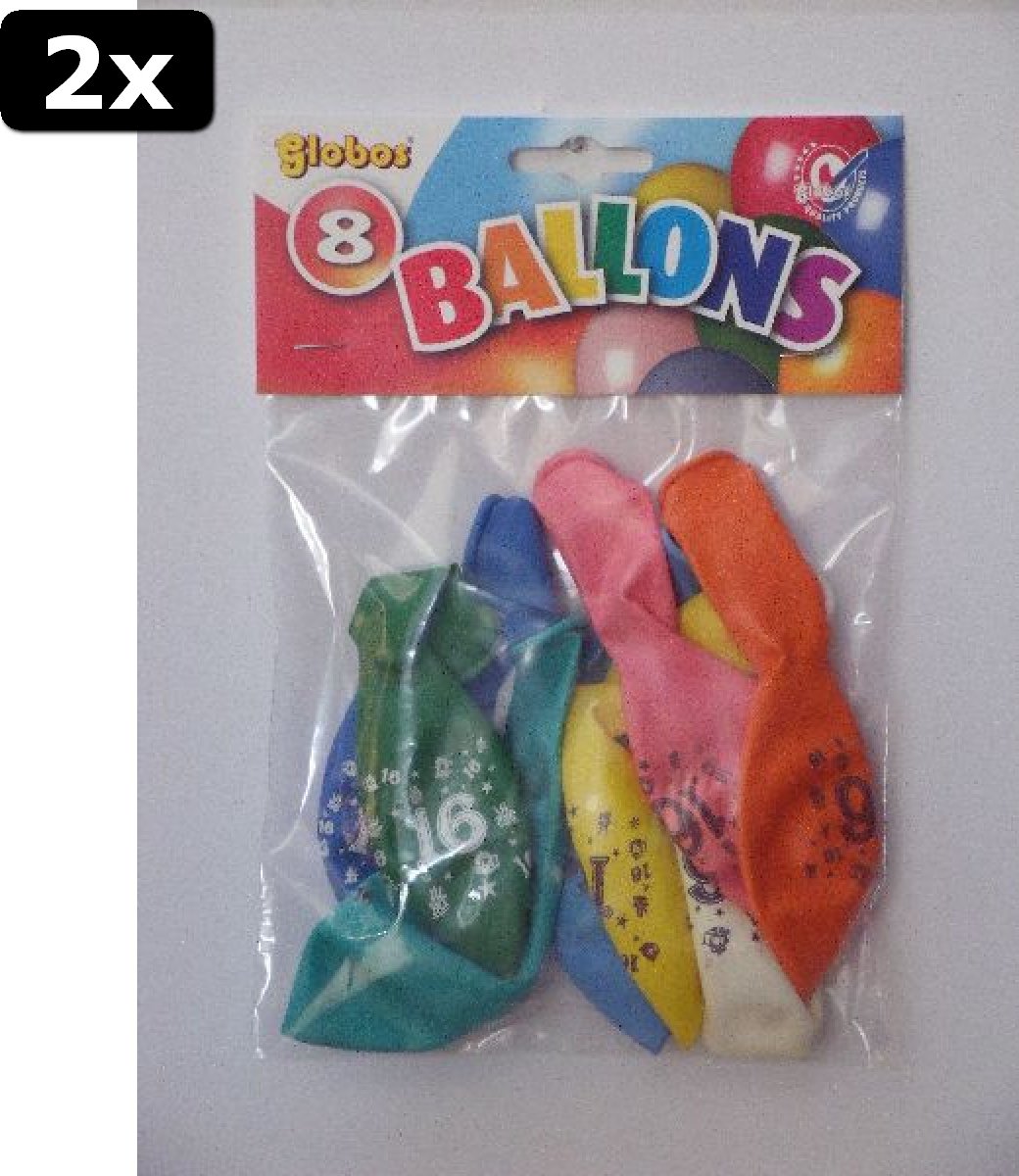 2x Ballonnen cijfer 16 no. 12 eenzijdig met 8 stuks