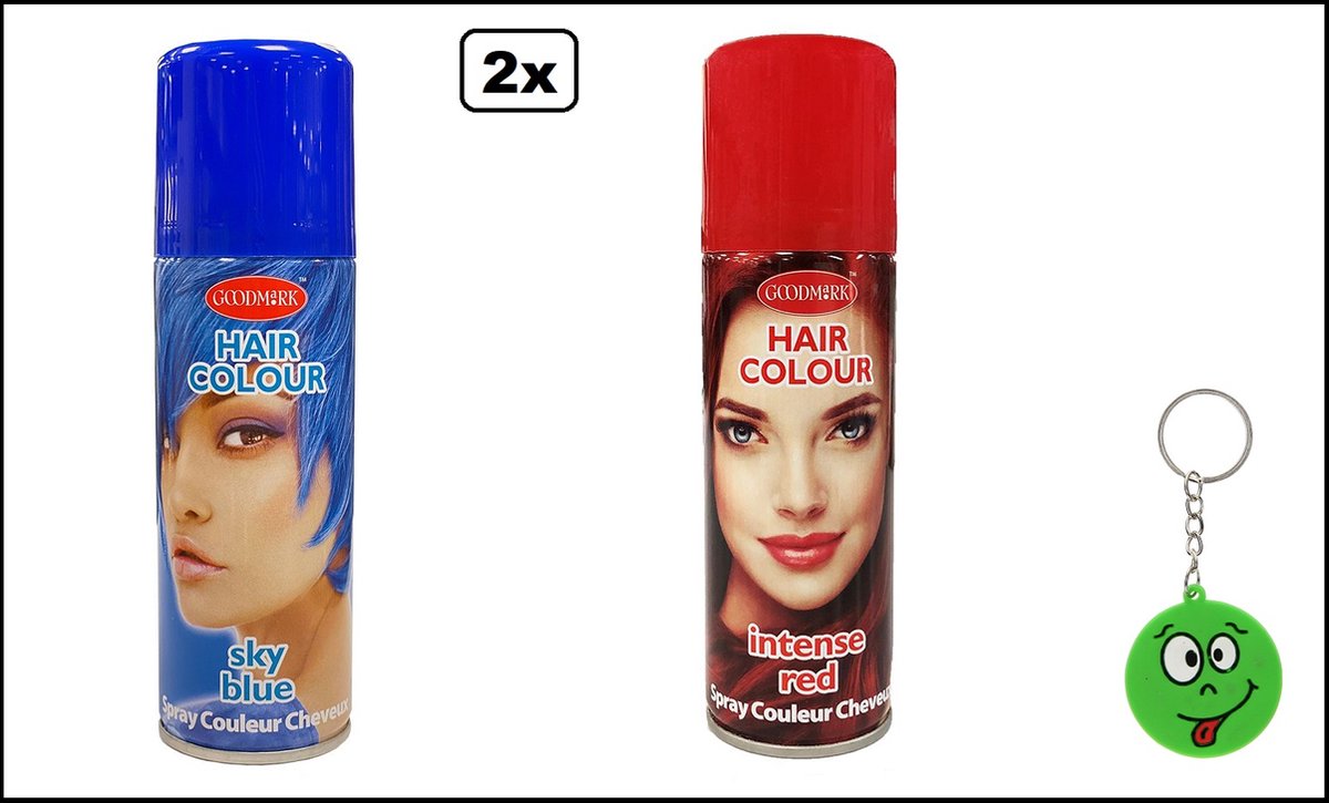 2x Haarverf/haarspray blauw en rood 125 ml - Smiley - Festival thema feest carnaval haar kleurspray party