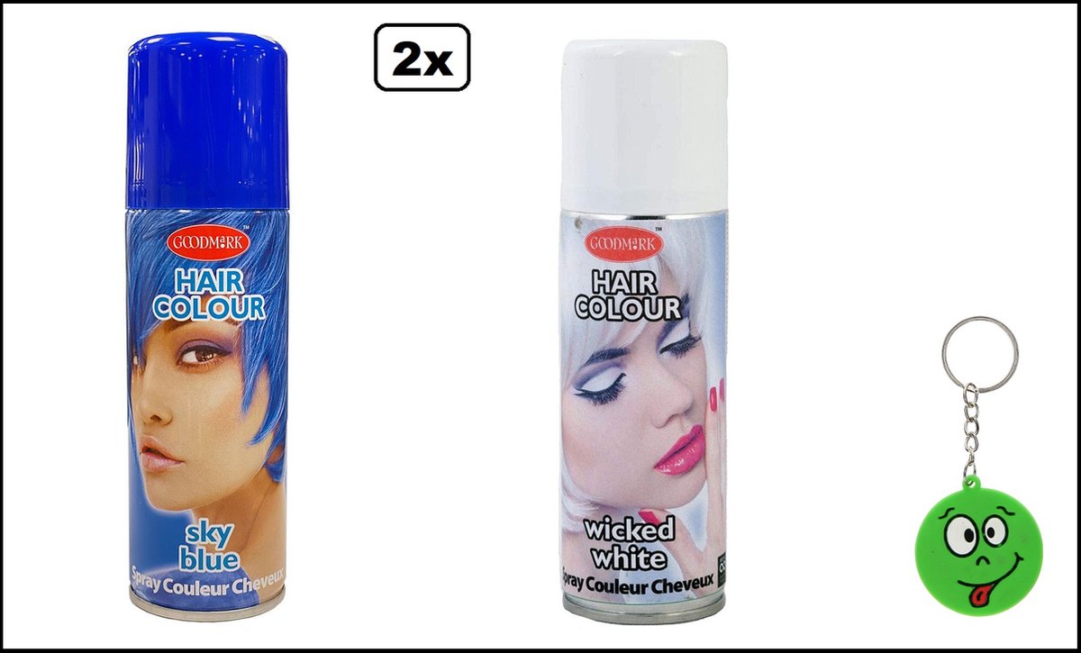 2x Haarverf/haarspray blauw en wit 125 ml - Smiley - Festival thema feest carnaval haar kleurspray party