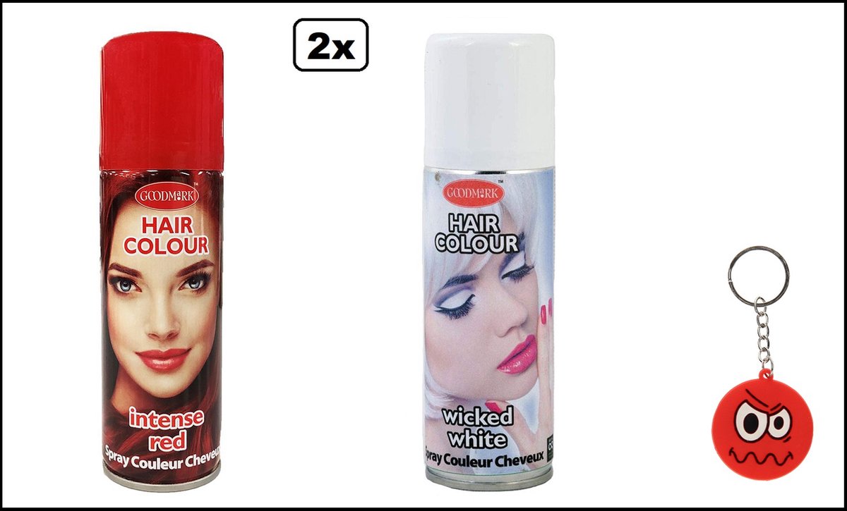 2x Haarverf/haarspray rood en wit 125 ml - Smiley - Festival thema feest carnaval haar kleurspray party