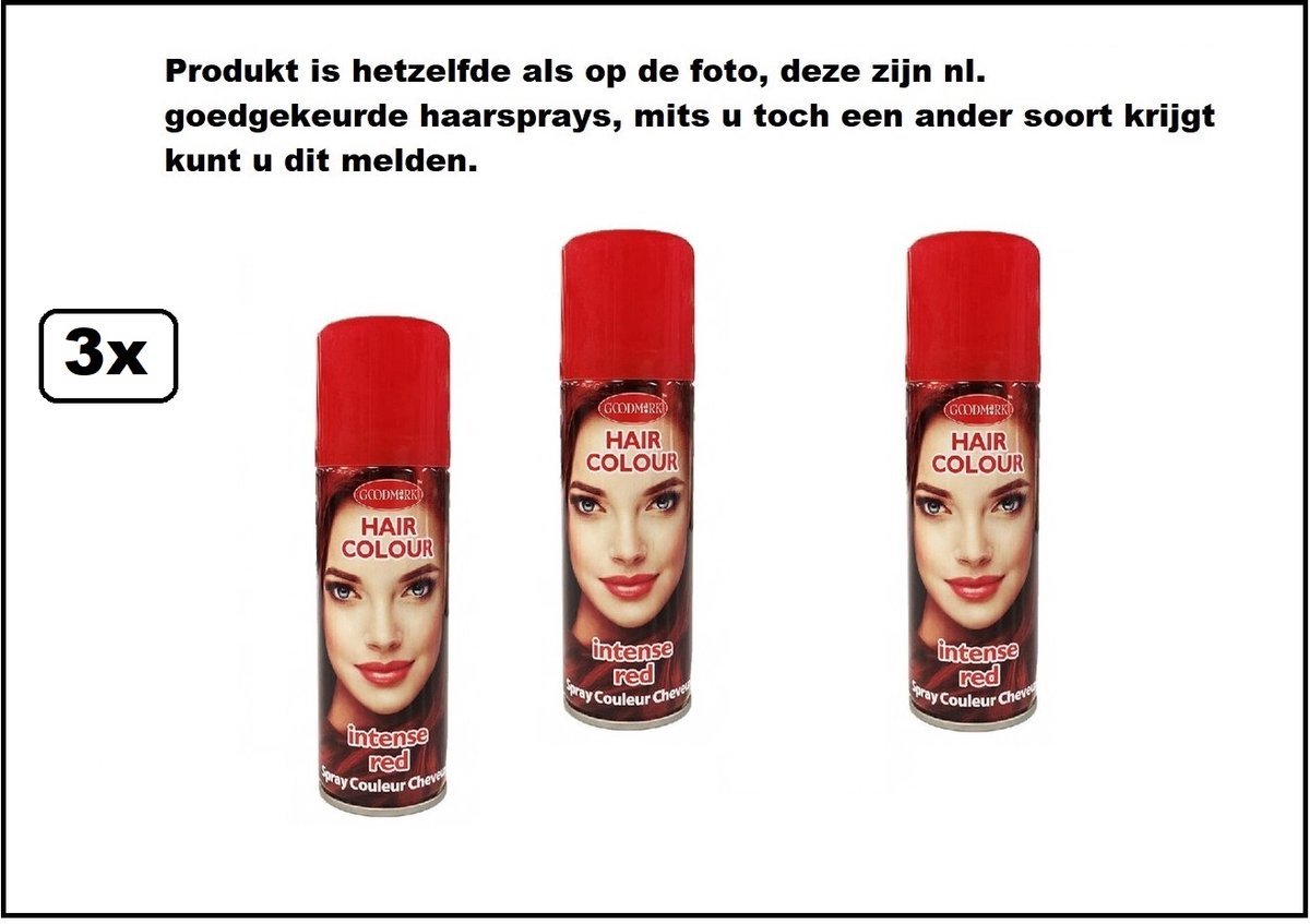 3x Haarverf/haarspray rood 125 ml - Intense red - Word bezorgd in doos ivm beschadeging - Festival thema feest carnaval haar kleurspray party