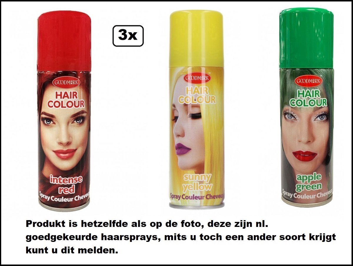 3x Haarverf/haarspray rood/geel/groen 125 ml - Intense red/ sunny yellow / apple green - Word bezorgd in doos ivm beschadiging - Festival thema feest carnaval haar kleurspray party