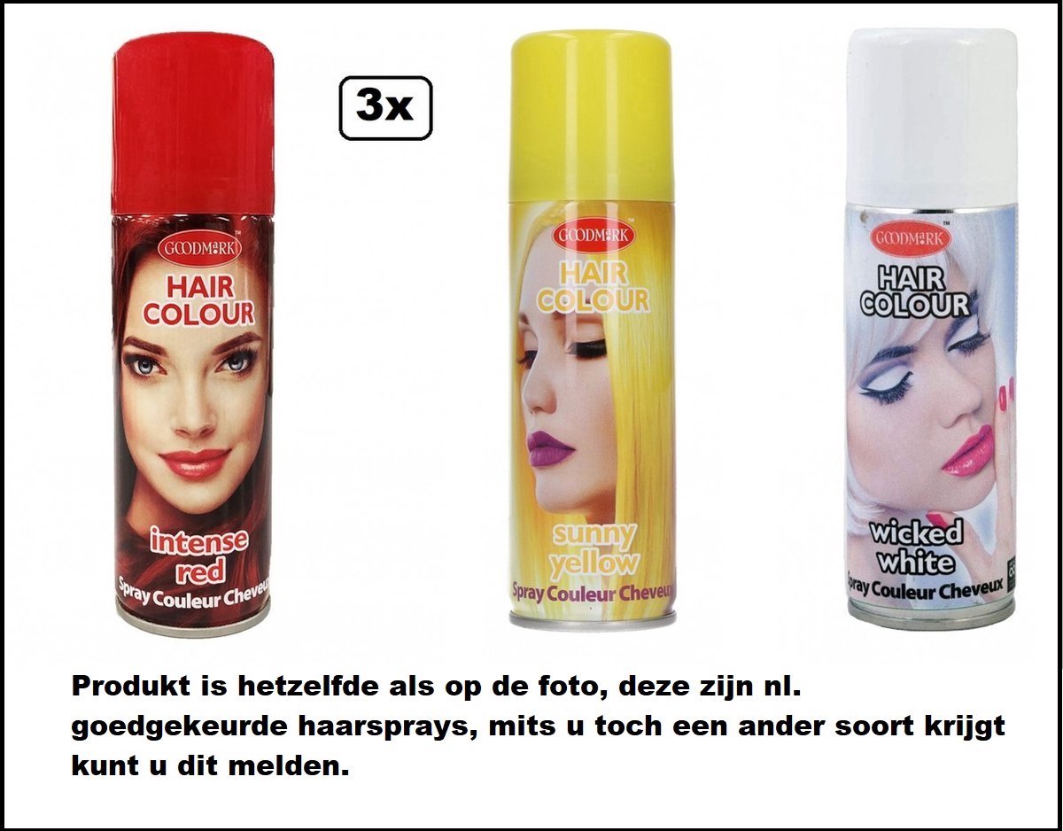 3x Haarverf/haarspray rood/wit/geel 125 ml - Intense red/ wicked white/ sunny yellow - Word bezorgd in doos ivm beschadiging - Festival thema feest carnaval haar kleurspray party