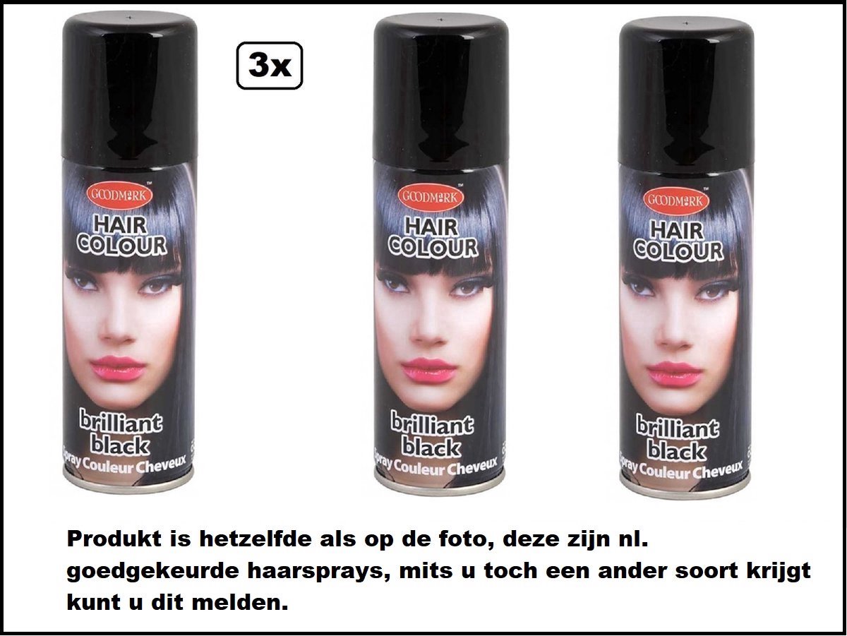 3x Haarverf/haarspray zwart 125 ml - Brilliant black - Word bezorgd in doos ivm beschadeging - Festival thema feest carnaval haar kleurspray party