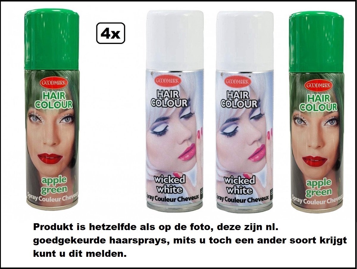 4x Haarverf/haarspray groen en wit 125 ml - Apple green en Wicked white - Word bezorgd in doos ivm beschadiging - Festival thema feest carnaval haar kleurspray party