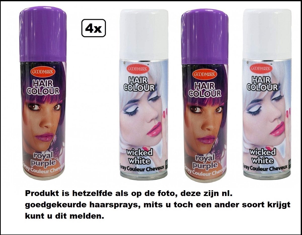 4x Haarverf/haarspray paars en wit 125 ml - Royal purple en Wicked white - Word bezorgd in doos ivm beschadiging - Festival thema feest carnaval haar kleurspray party