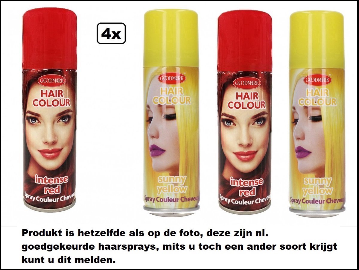 4x Haarverf/haarspray rood en geel 125 ml - Intense red/ sunny yellow - Word bezorgd in doos ivm beschadiging - Festival thema feest carnaval haar kleurspray party