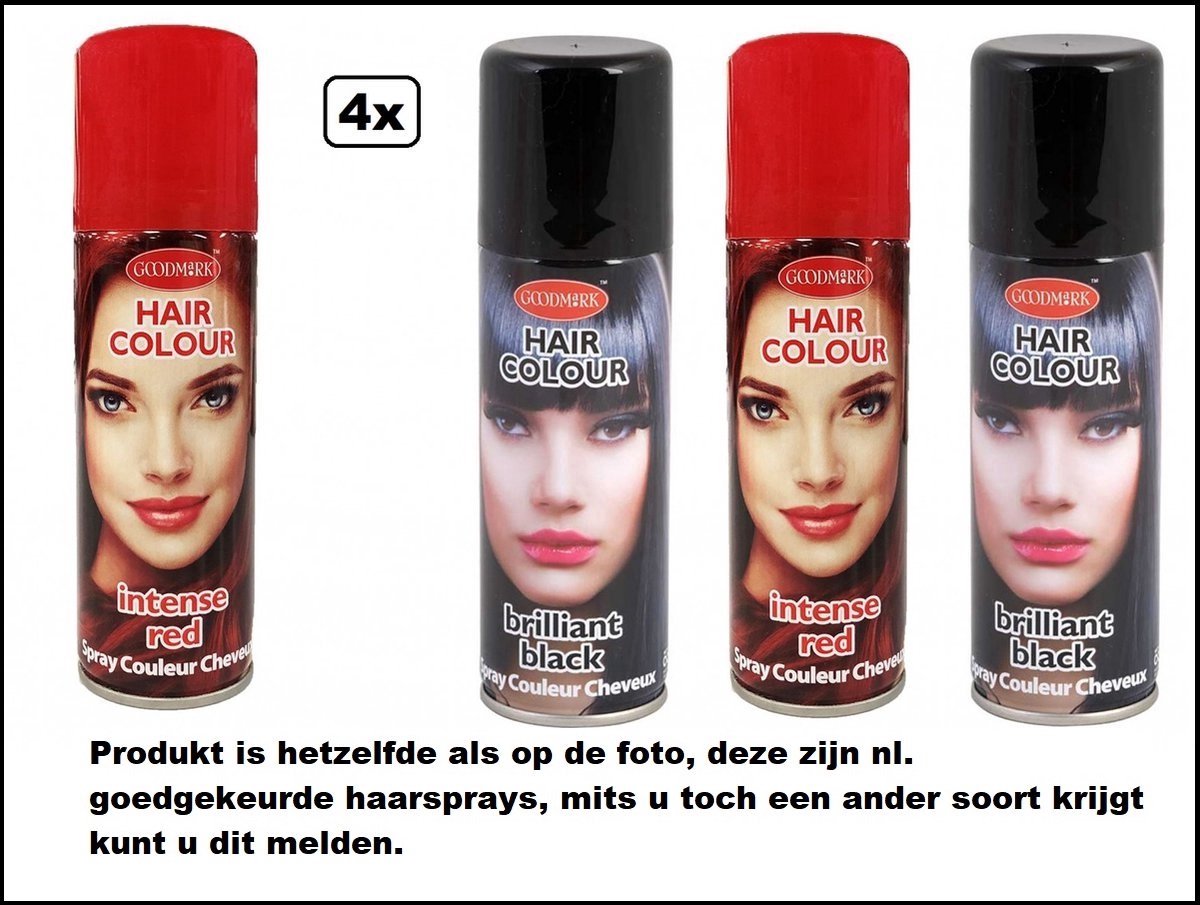 4x Haarverf/haarspray zwart en rood 125 ml - Intense red en Brilliant black - Word bezorgd in doos ivm beschadiging - Festival thema feest carnaval haar kleurspray party