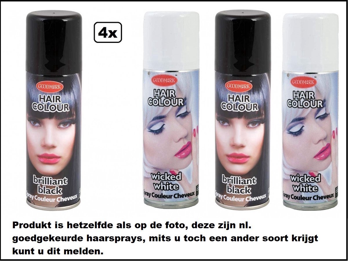 4x Haarverf/haarspray zwart en wit 125 ml - Brilliant black en Wicked white - Word bezorgd in doos ivm beschadiging - Festival thema feest carnaval haar kleurspray party