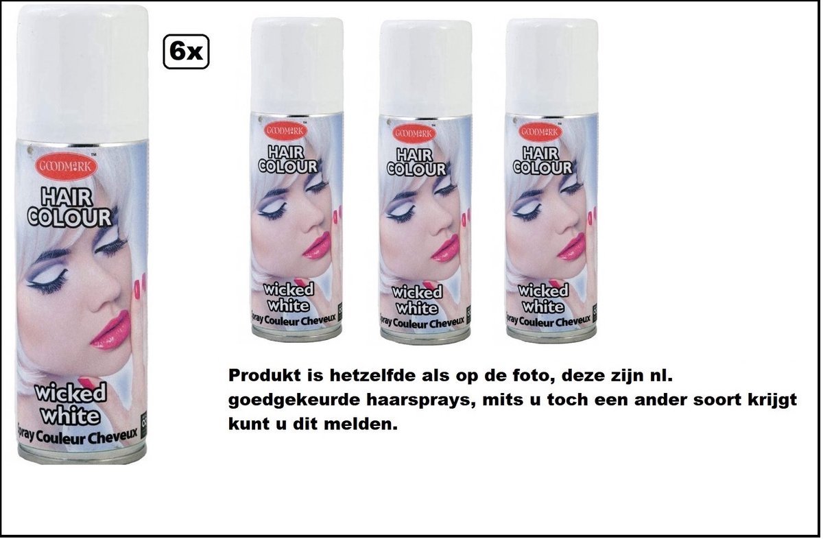 6x Haarverf/haarspray wit 125 ml – Wicked white - Festival thema feest carnaval haar kleurspray party