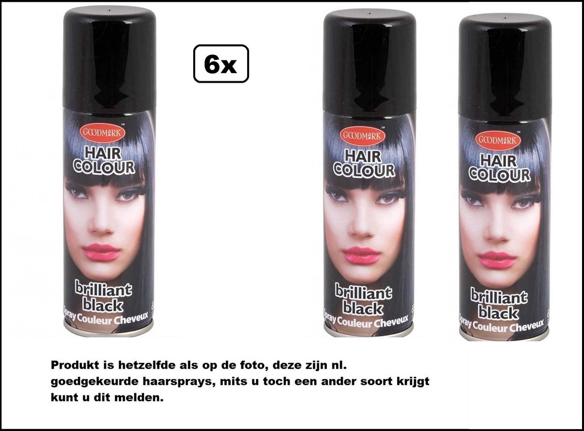 6x Haarverf/haarspray zwart 125 ml - Brilliant black - Festival thema feest carnaval haar kleurspray party
