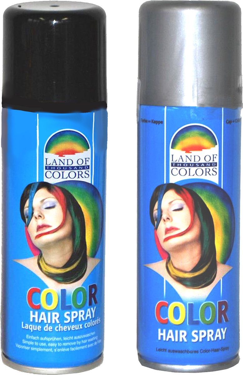 Goodmark haarverf/haarspray set van 2x flacons van 111 ml - Zwart en Zilver - Carnaval verkleed spullen - Haar kleuren