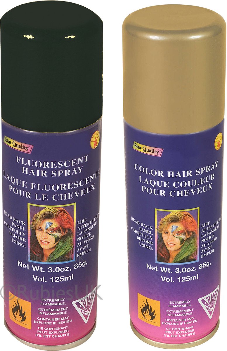 Haarverf/haarspray - 2x - goud/zwart - spuitbus - 125 ml - Carnaval/halloween