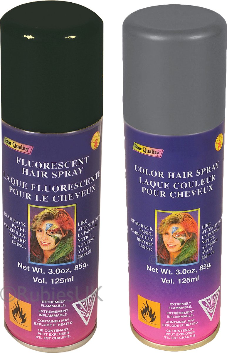 Haarverf/haarspray - 2x - zilver/zwart - spuitbus - 125 ml - Carnaval/halloween
