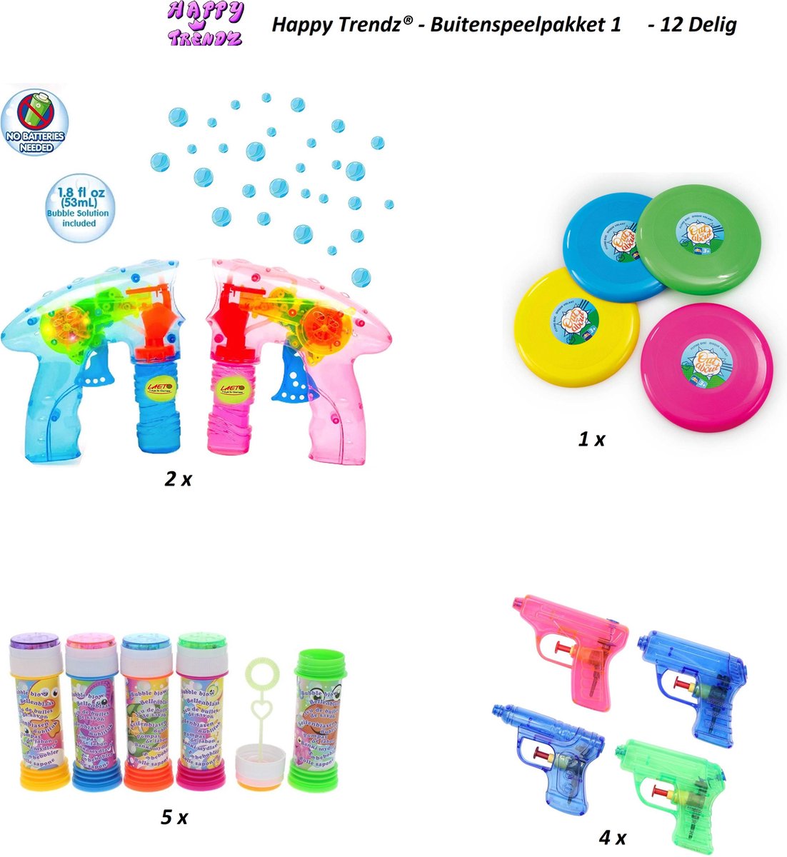 Buitenspeelpakket Happy Trendz®  12 - Delig totaal -  waterspuit - Frisbee - Bubbles - ZOMER 2022 PAKKET - Shooter -   - Spelletjes - Zomerpakket Groepsfun -