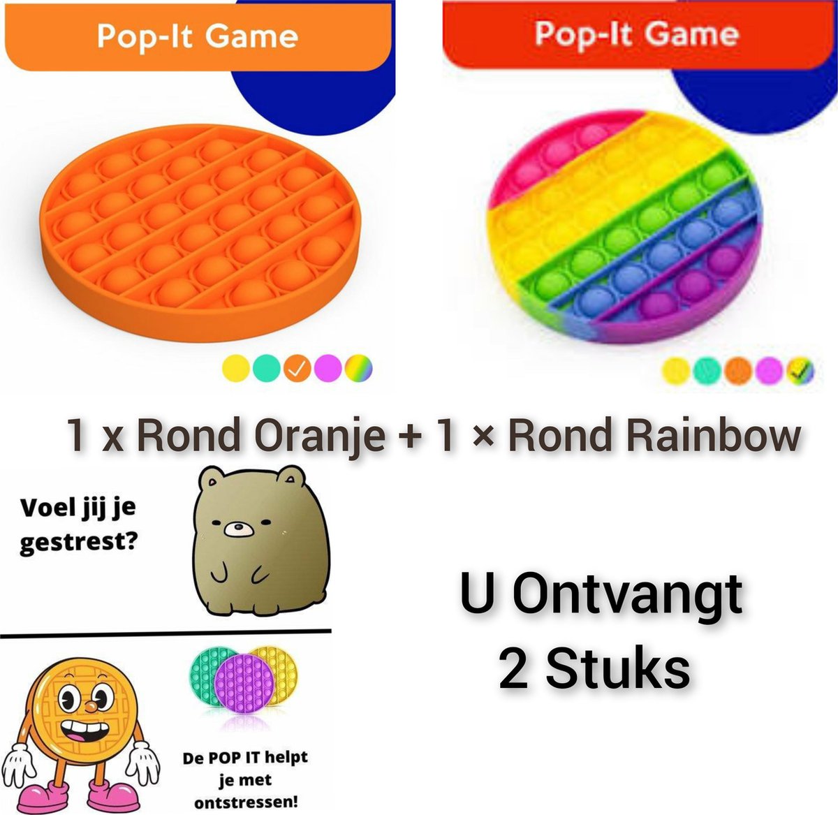 Happy Trendz Fidget Toy Pop it Pakket 2 STUKS - Regenboog Rond - Oranje Rond - Tiktok - Push - Popper - Speelgoed - Pad