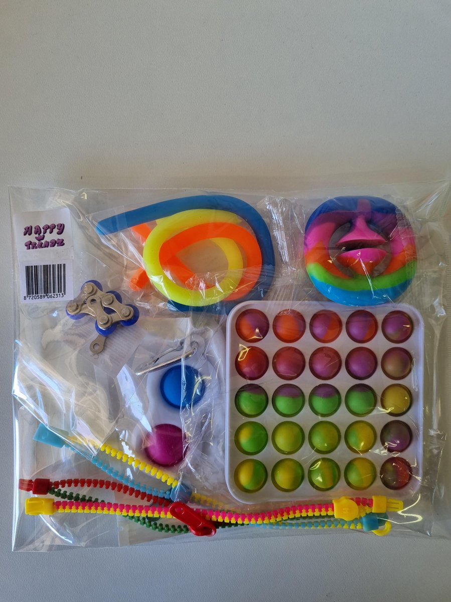 Happy Trendz® / Fidget Toys Pakket - Set met 10 verschillende Fidget Toys: Fidget Rits Zippers, Simple Dimple, Pop It Fidget luxe , Fietsketting Chain, Monkey Noodles, Snapperz Rainbow