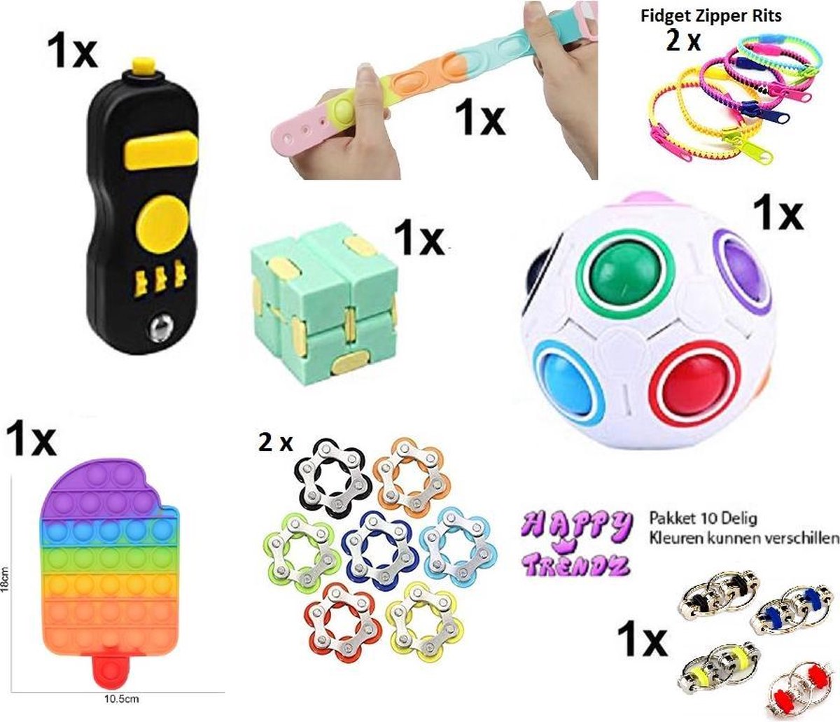 Happy Trendz® / Fidget Toys Pakket - Set met 10 verschillende Top Fidget Toys: Fidget controller pad ,Infinity Cube , Fidget Fietsketting, Flippy Chain, Fidget Puzzel ball, Fidget Zipper Rits / tik tok