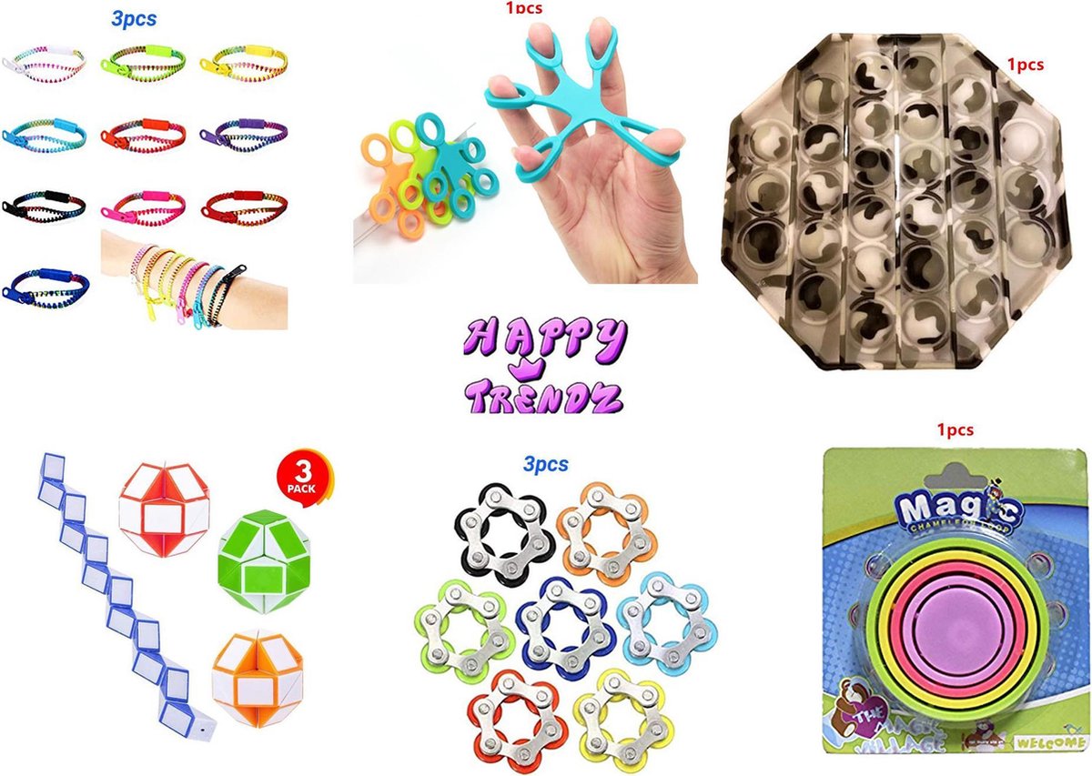 Happy Trendz® // Fidget Toys Super pakket 12 Delig -Pop It Camouflage -  Rek - Strek - Schuif - Knijp - Stressbal - Tangle - Totaal 12 Fidgets