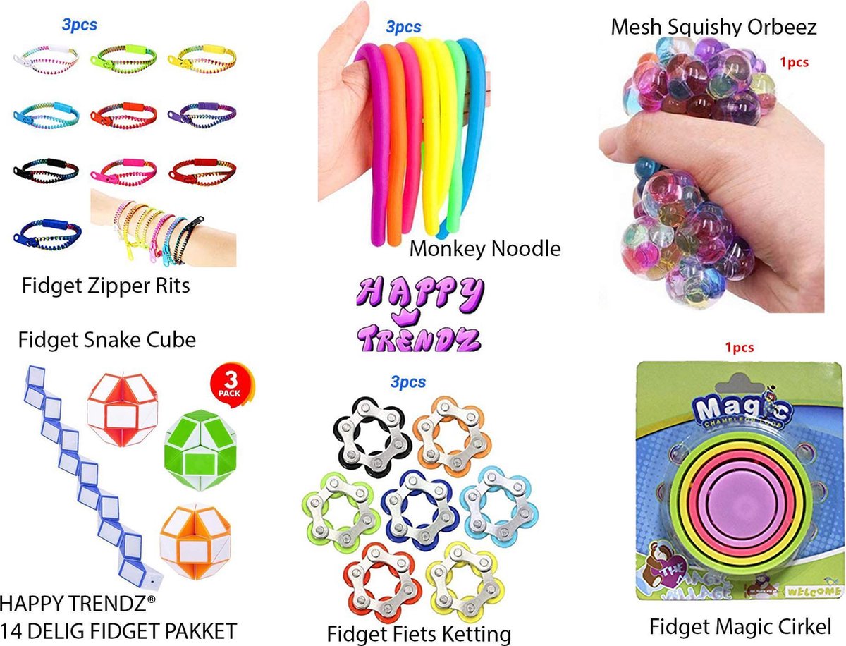 Happy Trendz® // Fidget Toys Super pakket 14 Delig - Rek - Strek - Schuif - Knijp -  Stressbal - Tangle - Totaal 14 Fidgets