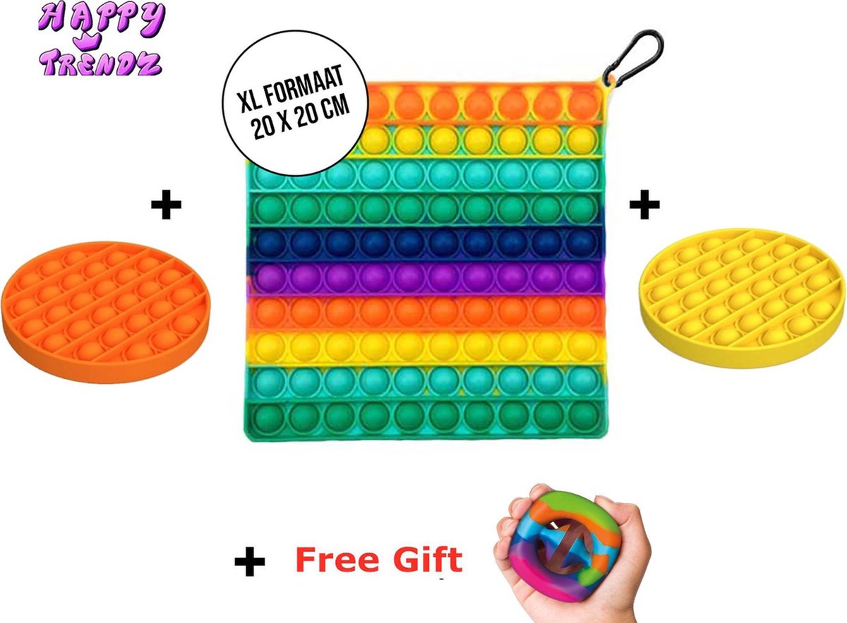 Happy Trendz® - Pop It XL 20x20CM - Rainbow - Pop It Mega Groot - Regenboog - EN Popit Geel rond en Oranje Rond - Snapper Rainbow / Pop It / TikTok