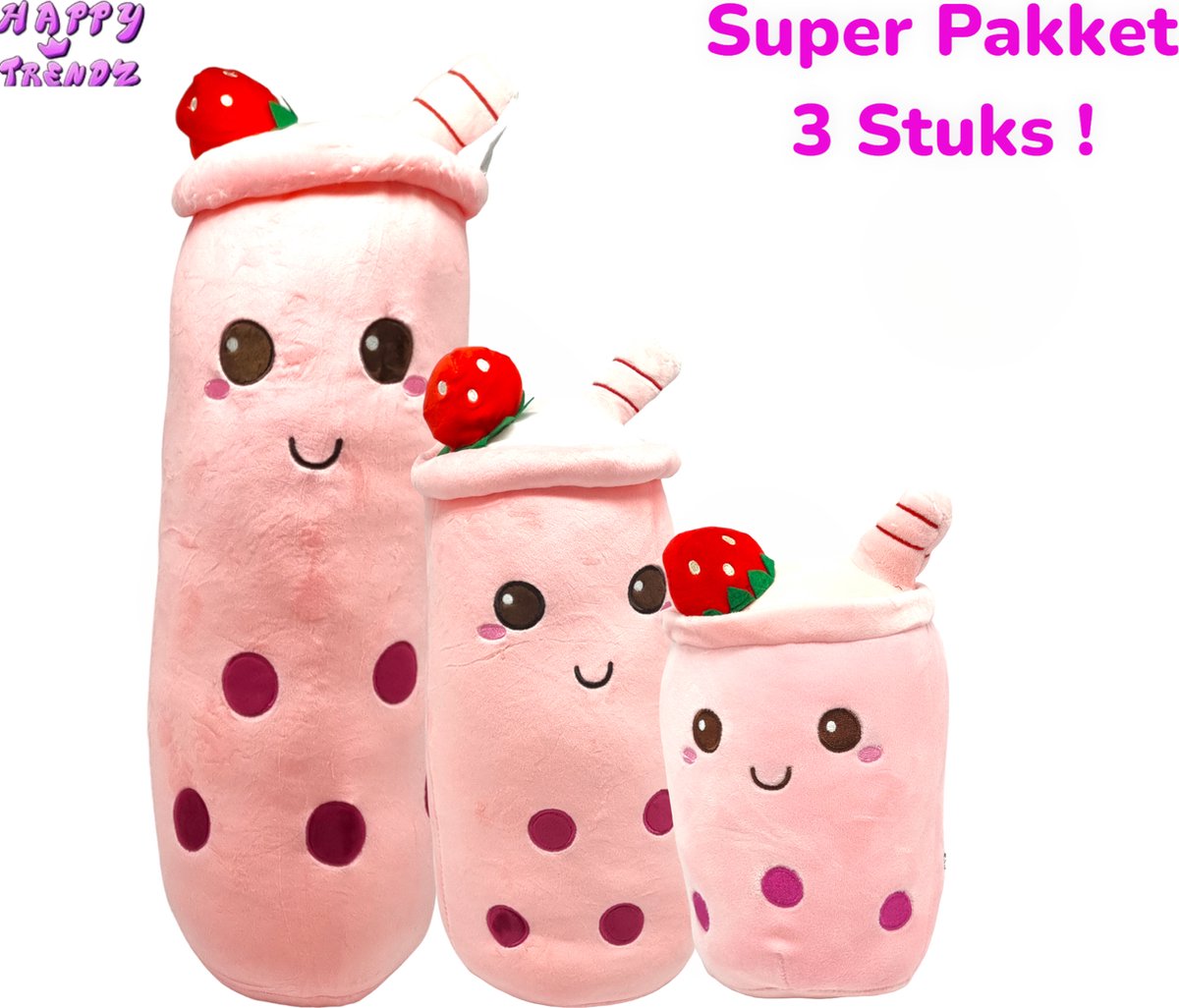 Happy Trendz® - Super Pakket 3 Stuks ! - Bubble Tea Plushe Knuffels - XL Kawaii Kussen Pakket - Extra Lange Bubble Tea Knuffel : 60cm + 40cm + 25cm Boba Knuffel- Roze - 3 Set - Squishmallow - Squishy