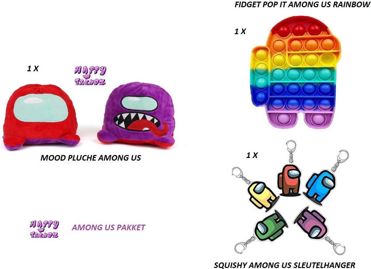 Happy Trendz® Among Us Super Pakket // Fidget Mood Pluche AmOng US  + Pop It Among Us Rainbow + Squishy Among Us Sleutelhanger  / Fidget  - Omkeerbaar Reversible Plush - knuffel imposter/crewmate - mood knuffel