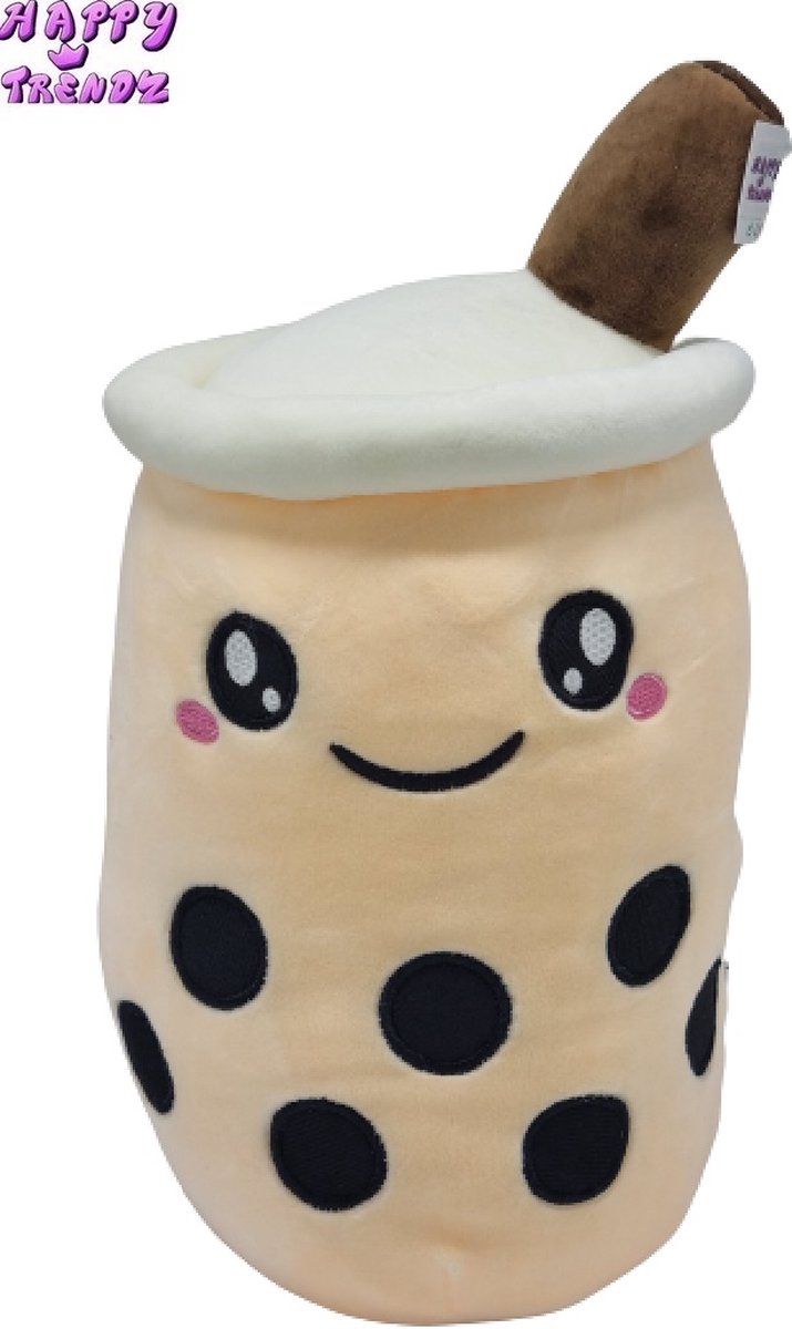 Happy Trendz® Bubble Tea Kussen - Knuffel - Bubble Tea Knuffel - Bubble Tea - Boba - Smile Open Eyes - 35cm - Beige