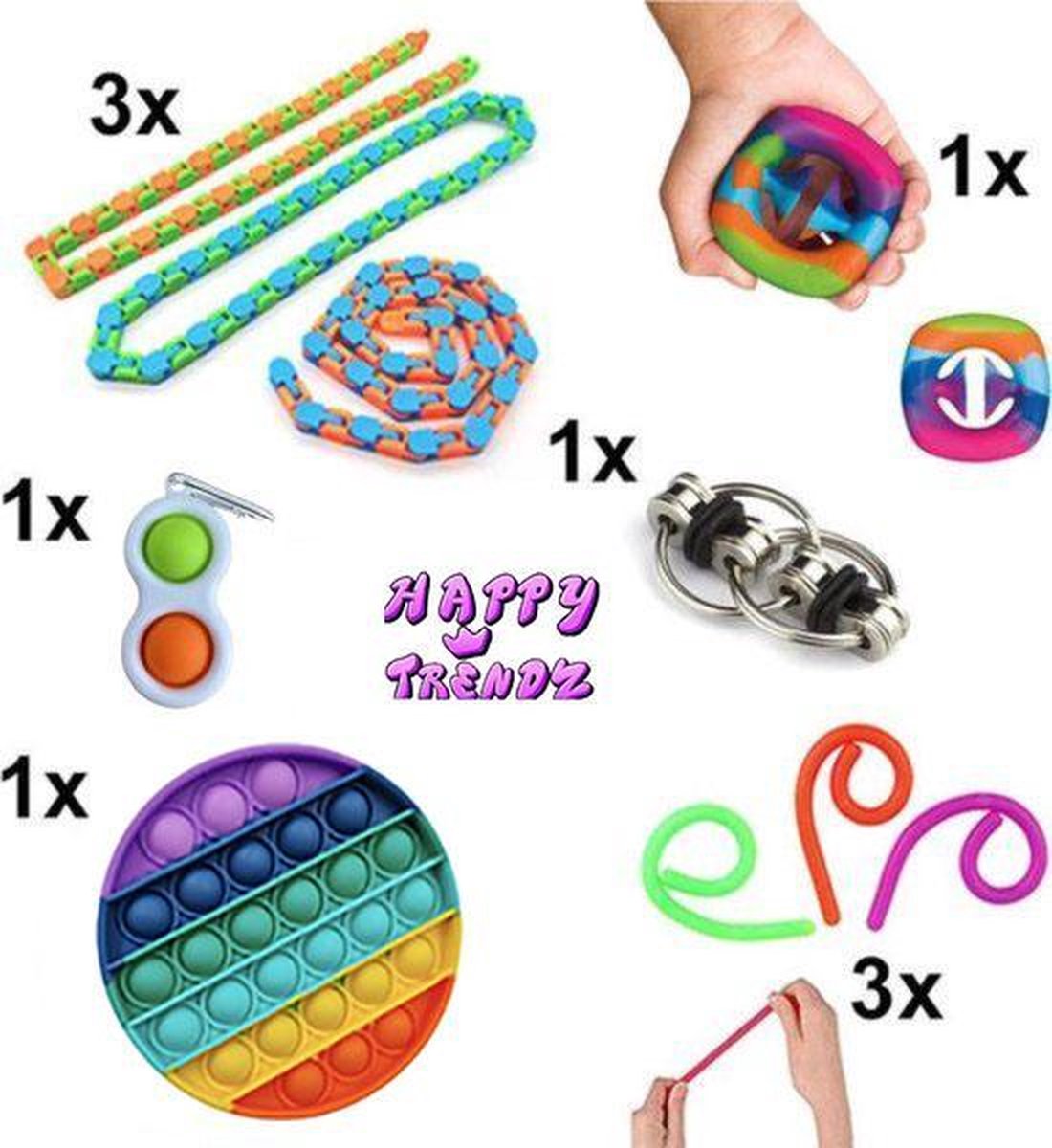 Happy Trendz® Fidget Toys Pakket - Set met 10 verschillende Fidget Toys: Wacky Tracks, Simple Dimple, Pop It Fidget, Flippy Chain, Monkey Noodles, Snapperz Rainbow