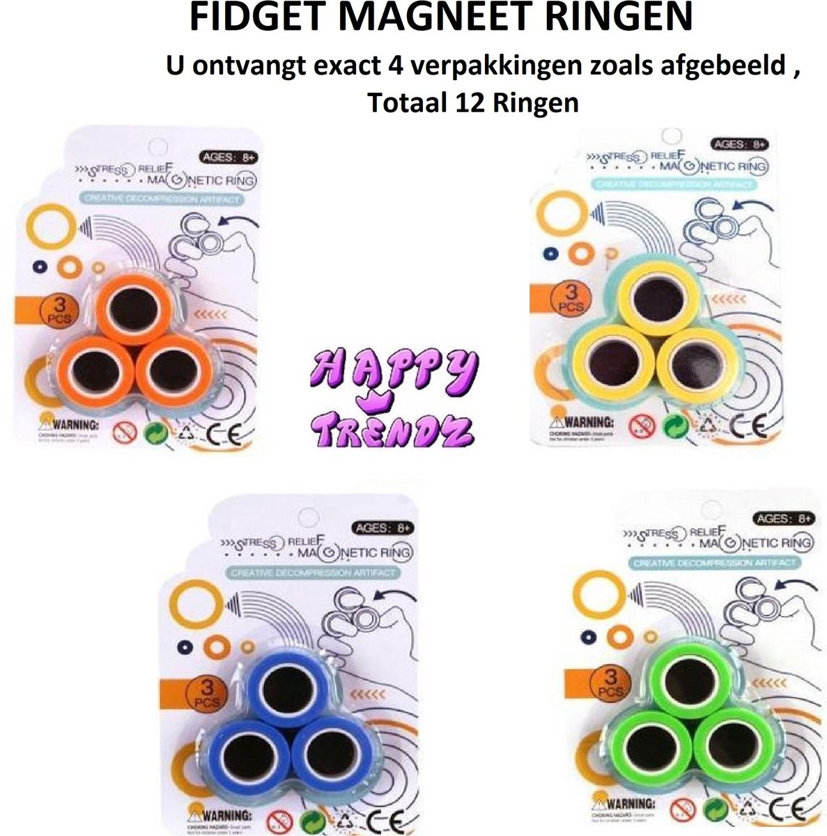 Happy Trendz® Magneet ringen 12 stuks Totaal - Finger Spinner - Magneet Vinger Spinner - Magnetische ringen - Spinner - Magneet Spinner - Fidget Magnet Spinner – Fidget toy - 4 Kleuren groen blauw oranje geel