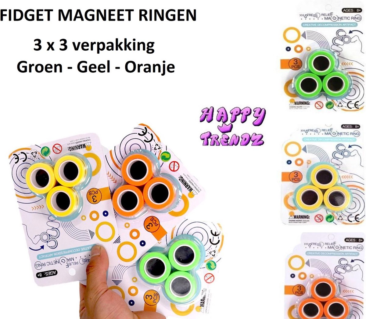 Happy Trendz®  Magneet ringen 9 stuksTtotaal  - Finger Spinner - Magneet Vinger Spinner - Magnetische ringen - Spinner - Magneet Spinner - Fidget Magnet Spinner – Fidget toy - 3 Kleuren