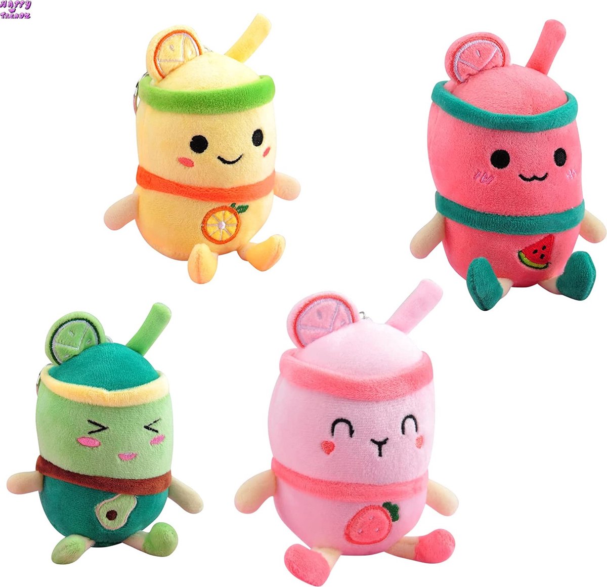 Happy Trendz® Set van 4 Bubble Tea Boba sleutelhanger Pluche Zacht, 12 cm groot - Plush Keychain, Taro, Honey, Milk Tea, Strawberry, Blue