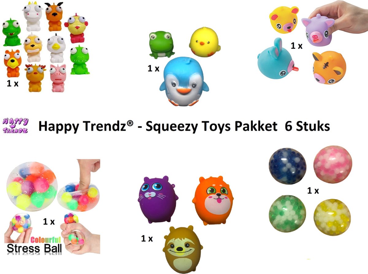 Happy Trendz® Squeeze ball Pakket 6 stuks  - Orbeez - Anti Stress bal - Squishy- Tong - Foam - Dna Ball - Divers - Anti Stress -  Voor Kinderen & Volwassenen