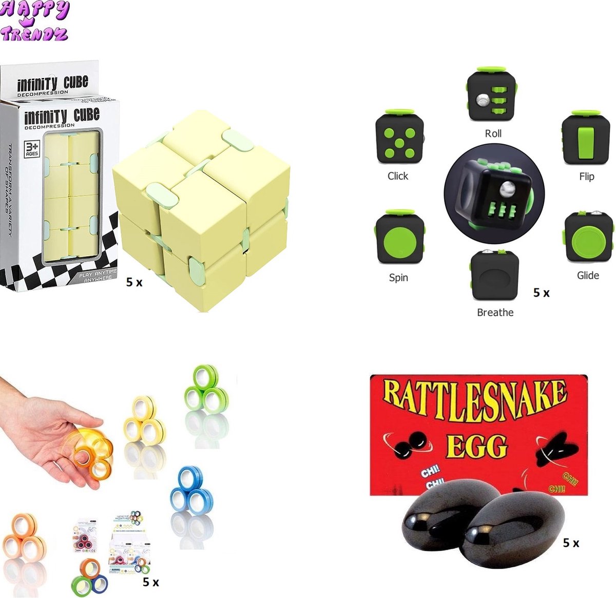 Happy Trendz® Uitdeelpakket mix Fidgets Toppers - Totaal 20 Stuks - Infinity Cube 5 x - Fidget Cube 5 x - Fidget Snake Eggs 5 x - Magneet Ringen magnetic rings 5 x