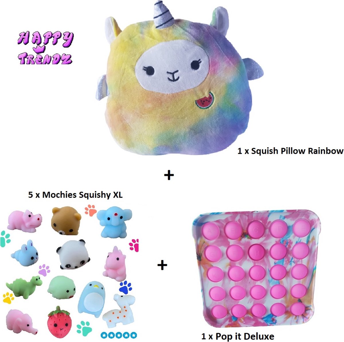 Happy Trendz® Unicorn Pluche Pakket 3 Stuks - Squish Pillow/ Kussen  lievelings knuffel Pluche Rainbow - Super Soft 5 x XL MOCHIES - Pop It Deluxe hard plastic Varriety Kleuren - Verrassing - Verjaardag - tie diy - Surprise