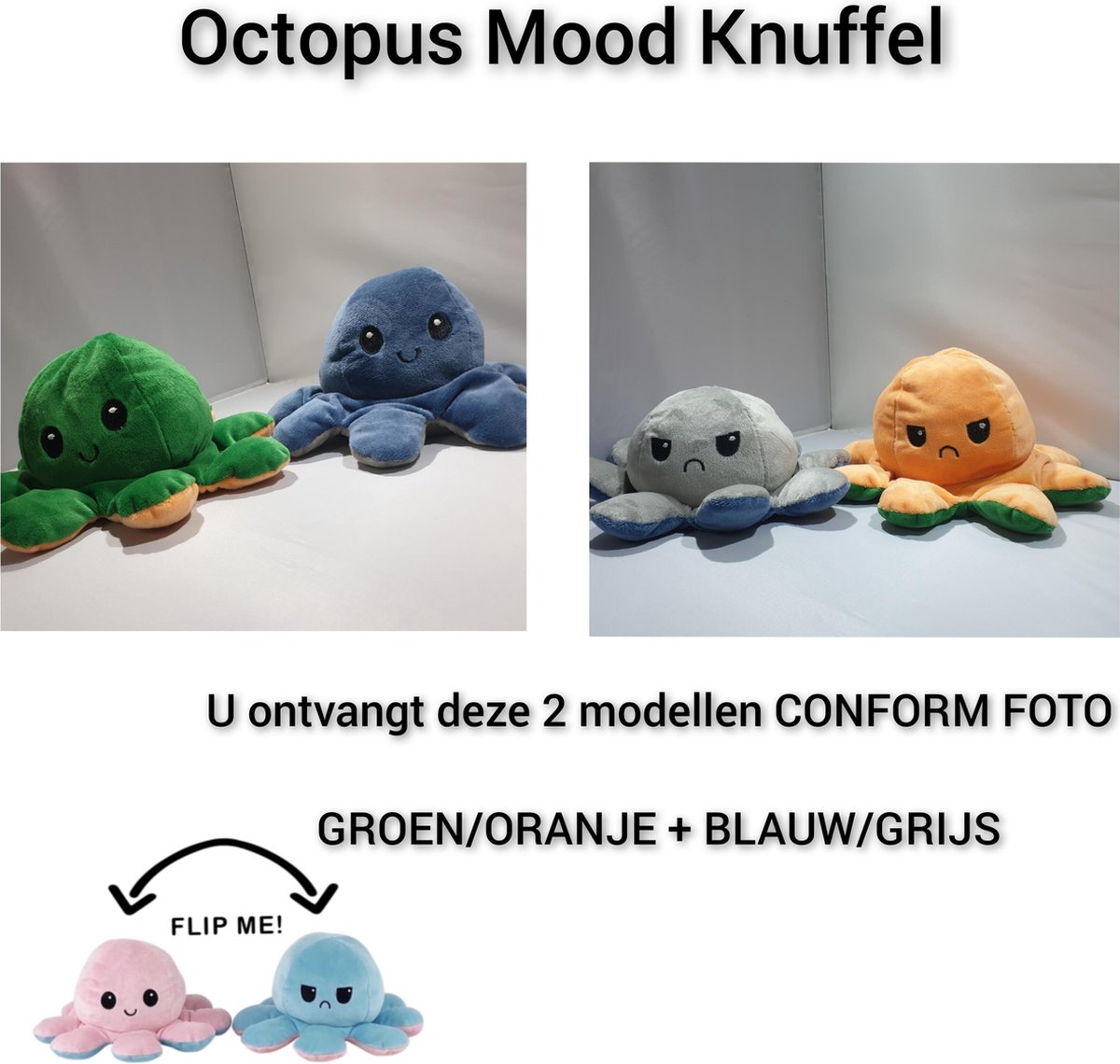 HappyTrendz  Octopus knuffel  2 Stuks  - Octopus knuffel mood - Oranje/Groen + Baluw/Grijs - Octopus knuffel omkeerbaar - reversible - emotieknuffel - mood knuffel - emotie tonen