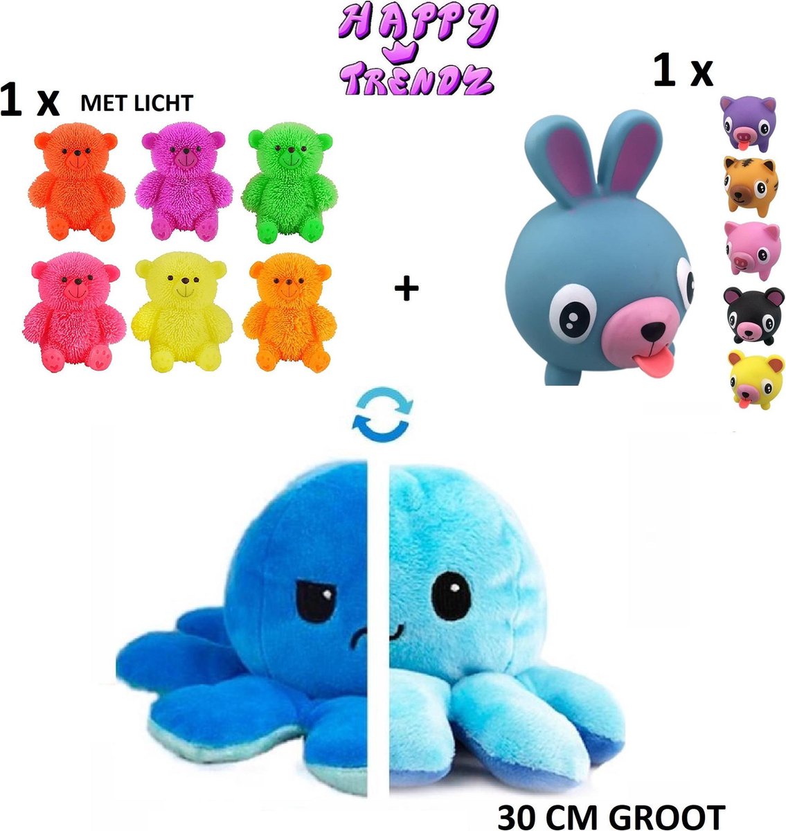 Mood Octopus XL 30 cm - Fidget toys Pakket - Happy Trendz© - Mood Octopus Blauw Licht Blauw 30 CM - Fluffy Beer met licht - Squishi Animal tong - Premium Pakket - Cadeau 2021