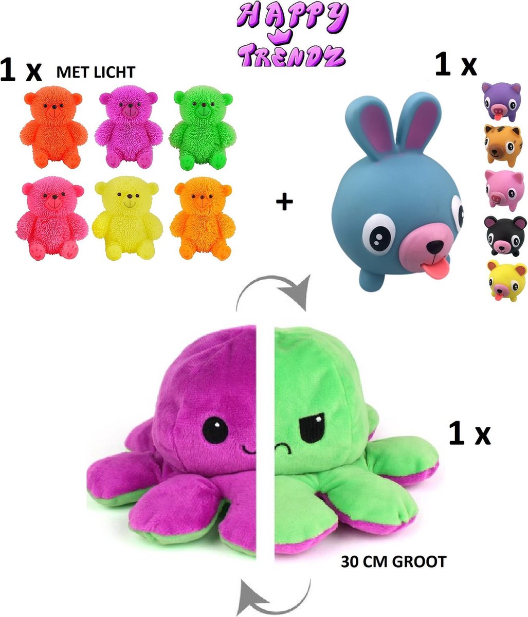 Mood Octopus XL 30 cm - Fidget toys Pakket - Happy Trendz© - Mood Octopus GROEN PAARS 30 CM - Fluffy Beer met licht - Squishi Animal tong - Premium Pakket - Cadeau 2021