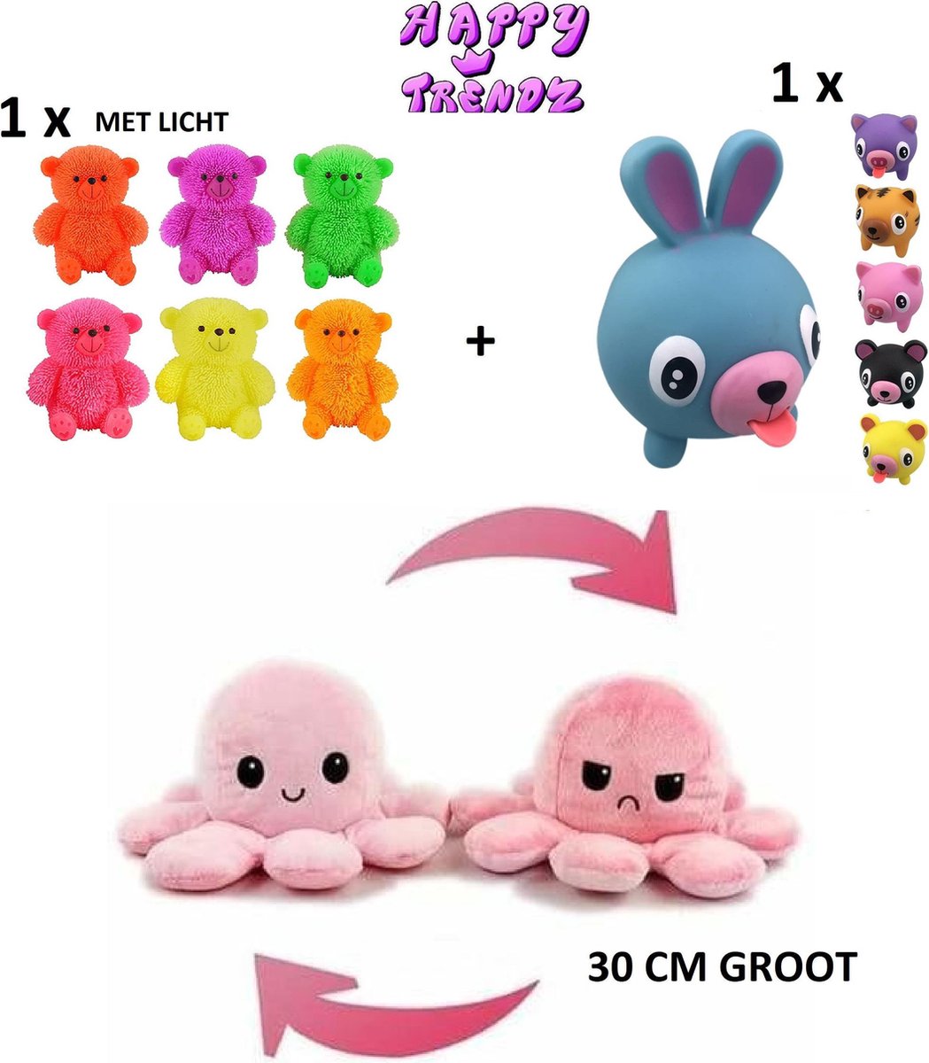 Mood Octopus XL 30 cm - Fidget toys Pakket - Happy Trendz© - Mood Octopus ROZE - LICHT ROZE 30 CM - Fluffy Beer met licht - Squishi Animal tong - Premium Pakket - Cadeau 2021