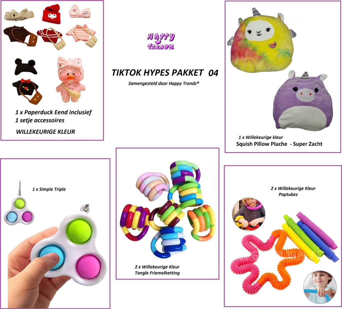 TikTok Hypes PAKKET 04- Happy Trendz® Pakket 7 Delig Super Gadgets bekend - PopTubes Fidget  - Friemel Ketting - Triple Simple Dimple- Paperduck kawaii La La korea duck eend - Squis Pillow TieDye -