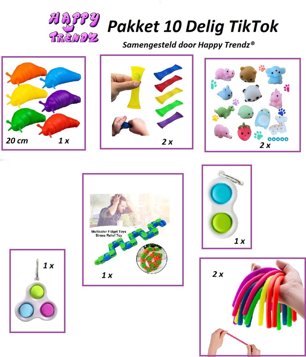 TikTok Hypes PAKKET 10 - Happy Trendz® Pakket 10 Delig Super Gadgets bekend - PopTubes Fidget - Wacky Tracks - Triple Simple Dimple- Moochies - Simple - Mesh Marble -Slug Snail Slak Fidget 20 cm groot