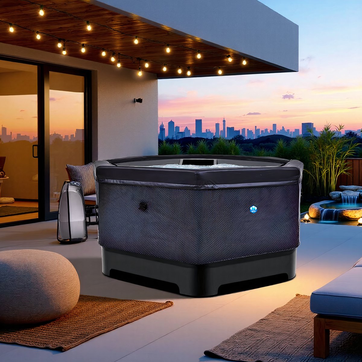 Luxe Jacuzzi Spa Octopus – 6 Persoons Bubbelbad – Semi-Rigid Opblaasbare Whirlpool – 100 Airjets – Verwarming, Filterpomp & Afdekhoes – 193x193x73 cm – 1000L – Zwart Hometotry