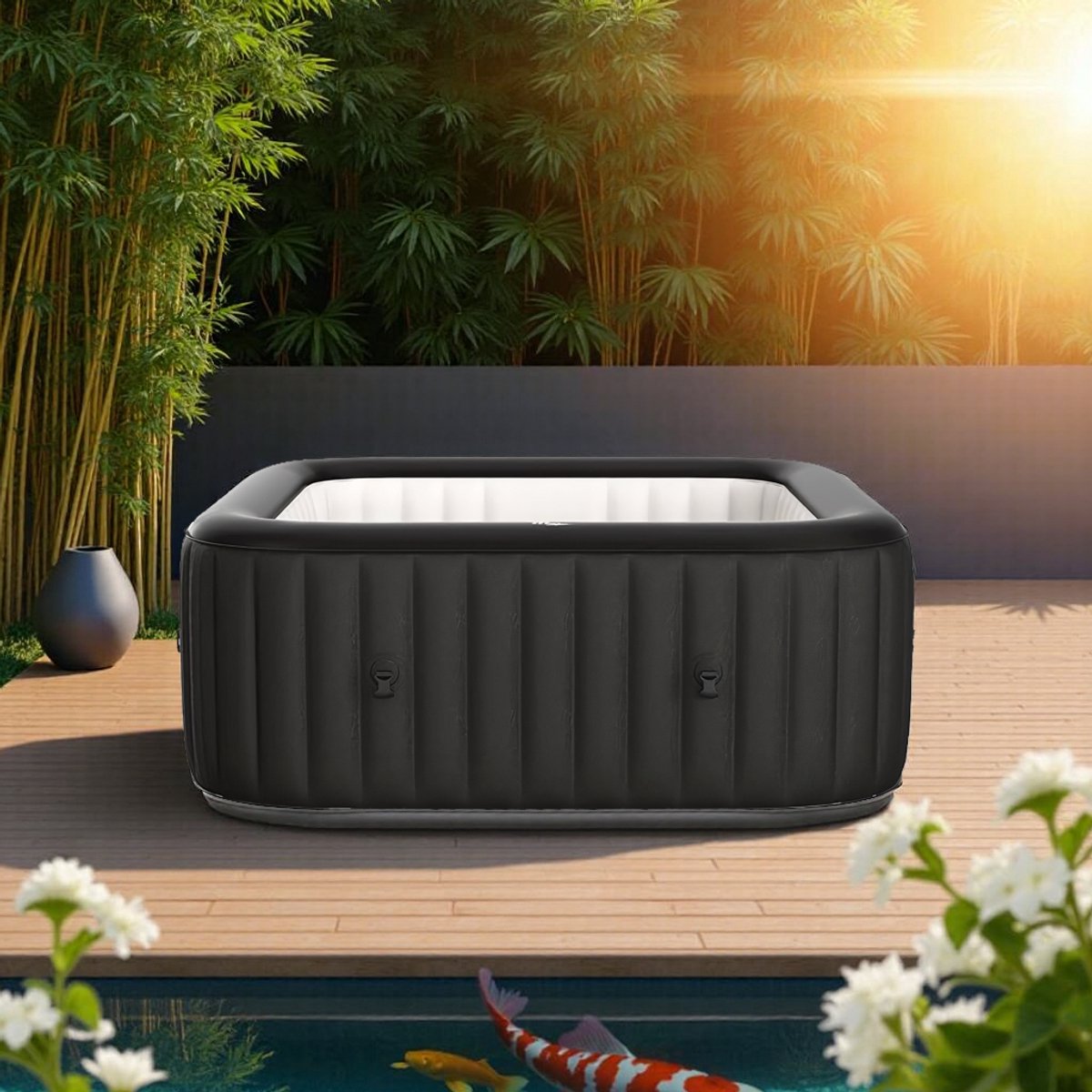 Luxe Spa BlackSquare – Inflatable Whirlpool 6 Personen – 132 Massage Jets – Verwarming & Filter – 185x185x68 cm – Buitenspa Zwart Hometotry