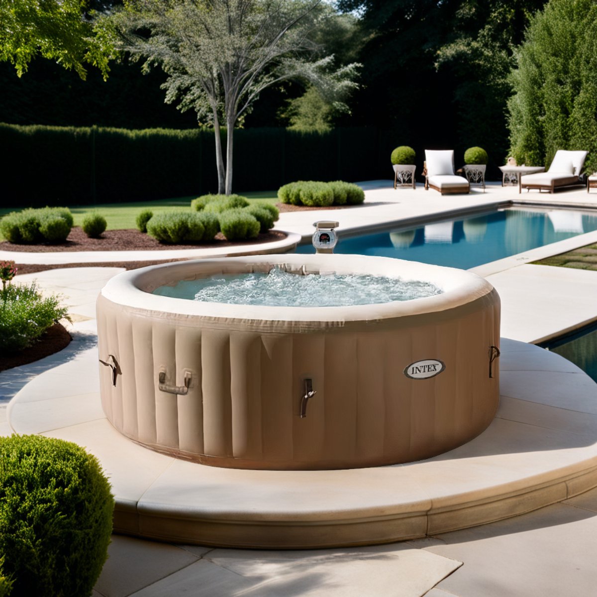 Opblaasbare Jacuzzi Bubbelbad 4 Personen – Luxe Whirlpool PureSpa met 120 Massagejets & Verwarmingssysteem – Ø 201 cm – Beige – Hometotry