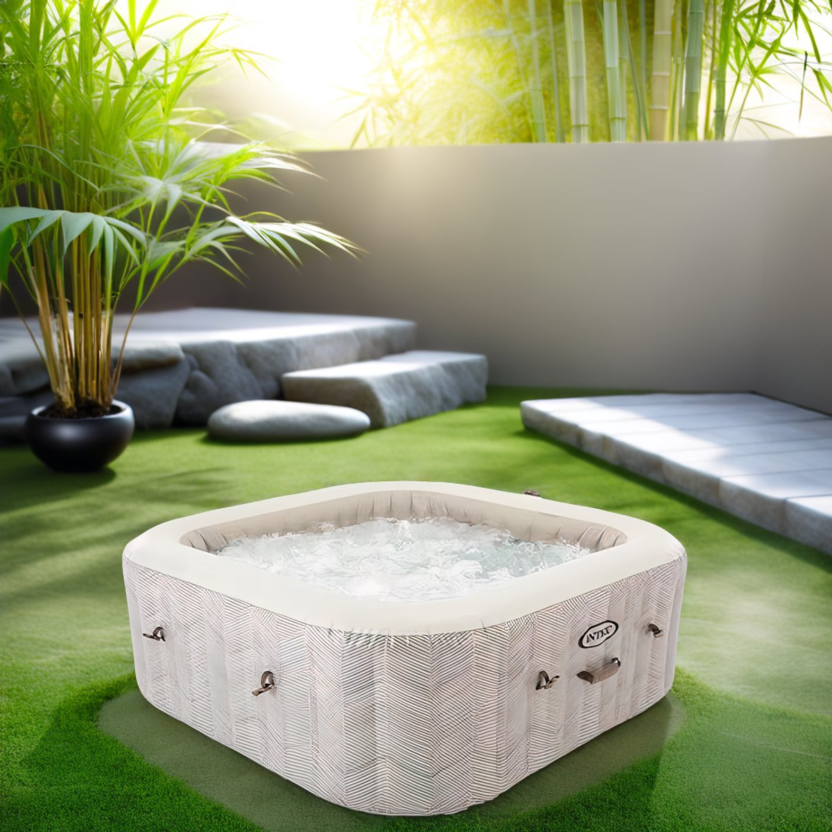 Opblaasbare Luxe Spa Jacuzzi 6-Persoons – 170 Massage Jets – Verwarming tot 40°C – Vierkant Bubbelbad – 196x196x71cm – Hometotry