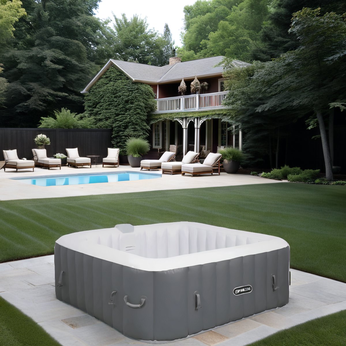 Opblaasbare Whirlpool Bubbelbad voor 4 Personen – Vierkant, Verwarmd tot 40°C, 120 Massage Jets, Stil & Duurzaam PVC – Incl. Pomp, Filter & Afdekhoes – Hometotry