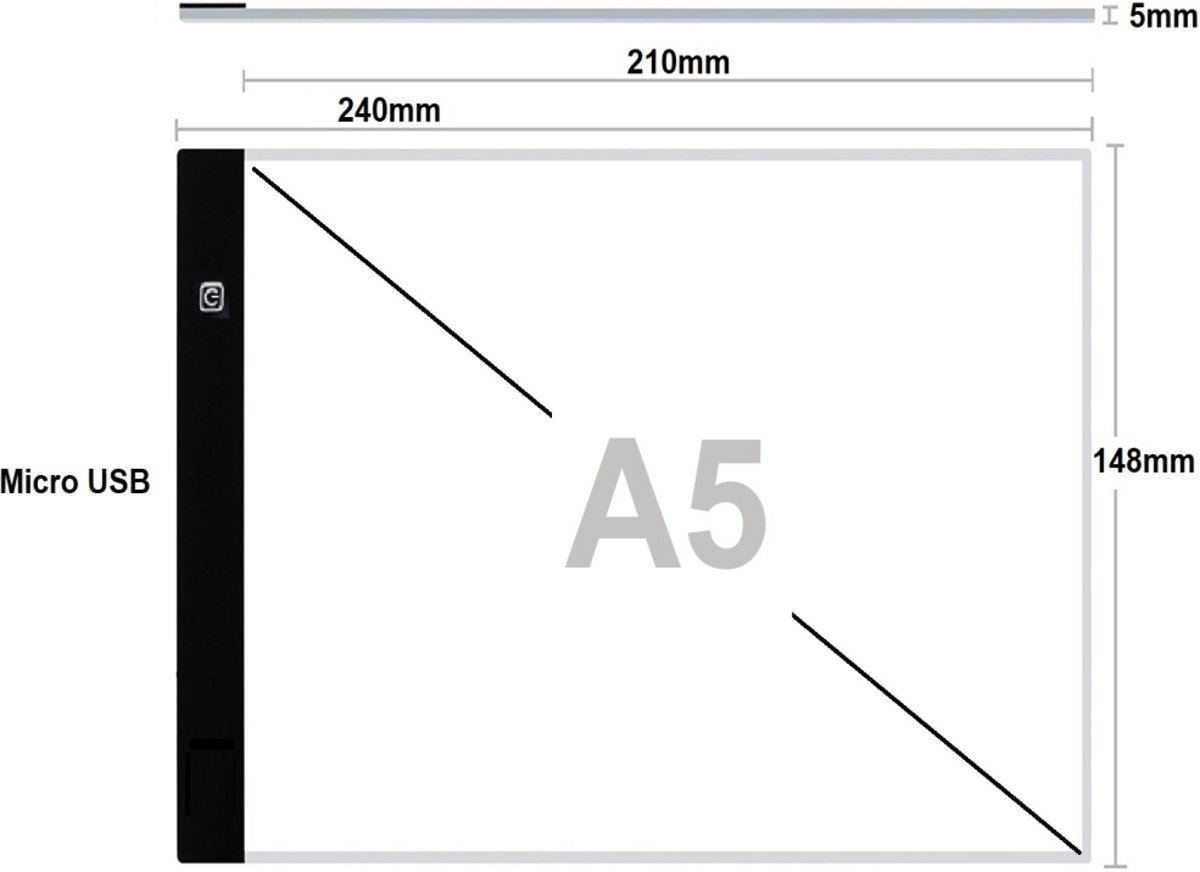 A5 LED licht Lichtbak / Tekentafel / Lichttafel / Lightpad / Lichtbox / Lightbox traploos DIMBAAR, o.a. voor Diamond Painting, fotografie, tekenen, tattoo etc.