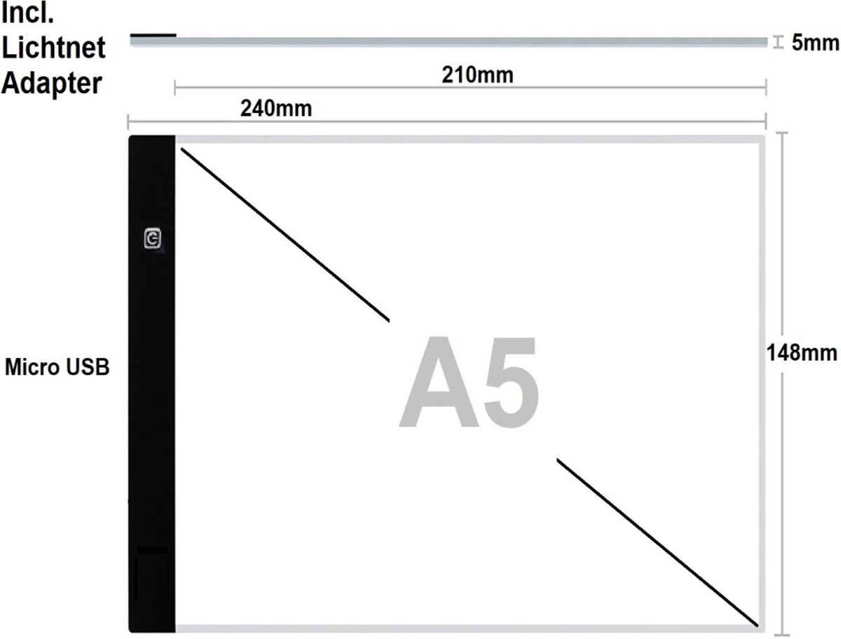 A5 LED licht Lichtbak / Tekentafel / Lichttafel / Lightpad / Lichtbox / Lightbox traploos DIMBAAR, o.a. voor Diamond Painting, fotografie, tekenen MET USB LADER, zwart , merk i12Cover