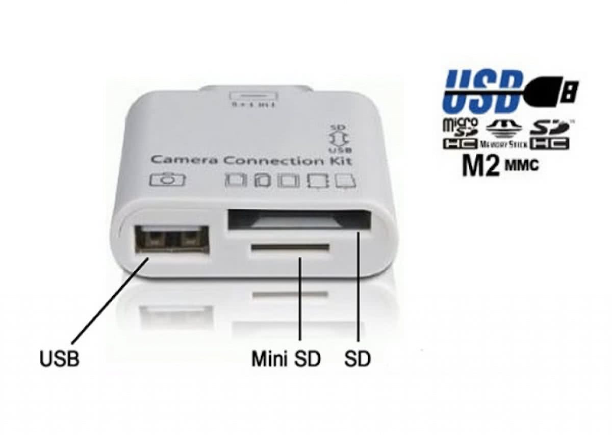 Apple Ipad 2 Camera Connection Kit 5 in 1, Card Reader met USB ingang en SD Kaartlezer - Kleur Wit - merk i12Cover