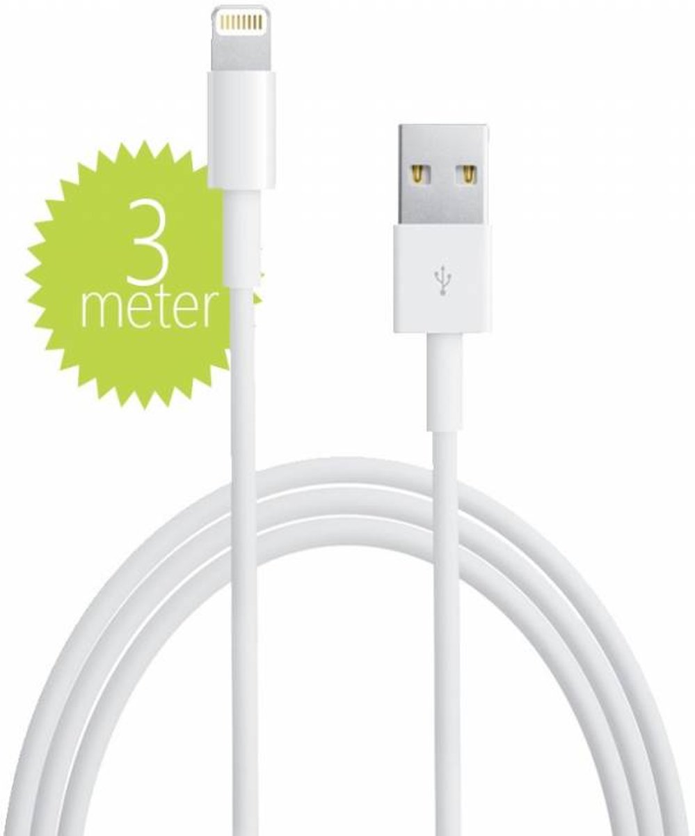 Iphone 6c 3 Meter Lightning naar USB, Laadkabel en Datakabel, extra lang!, wit , merk i12Cover